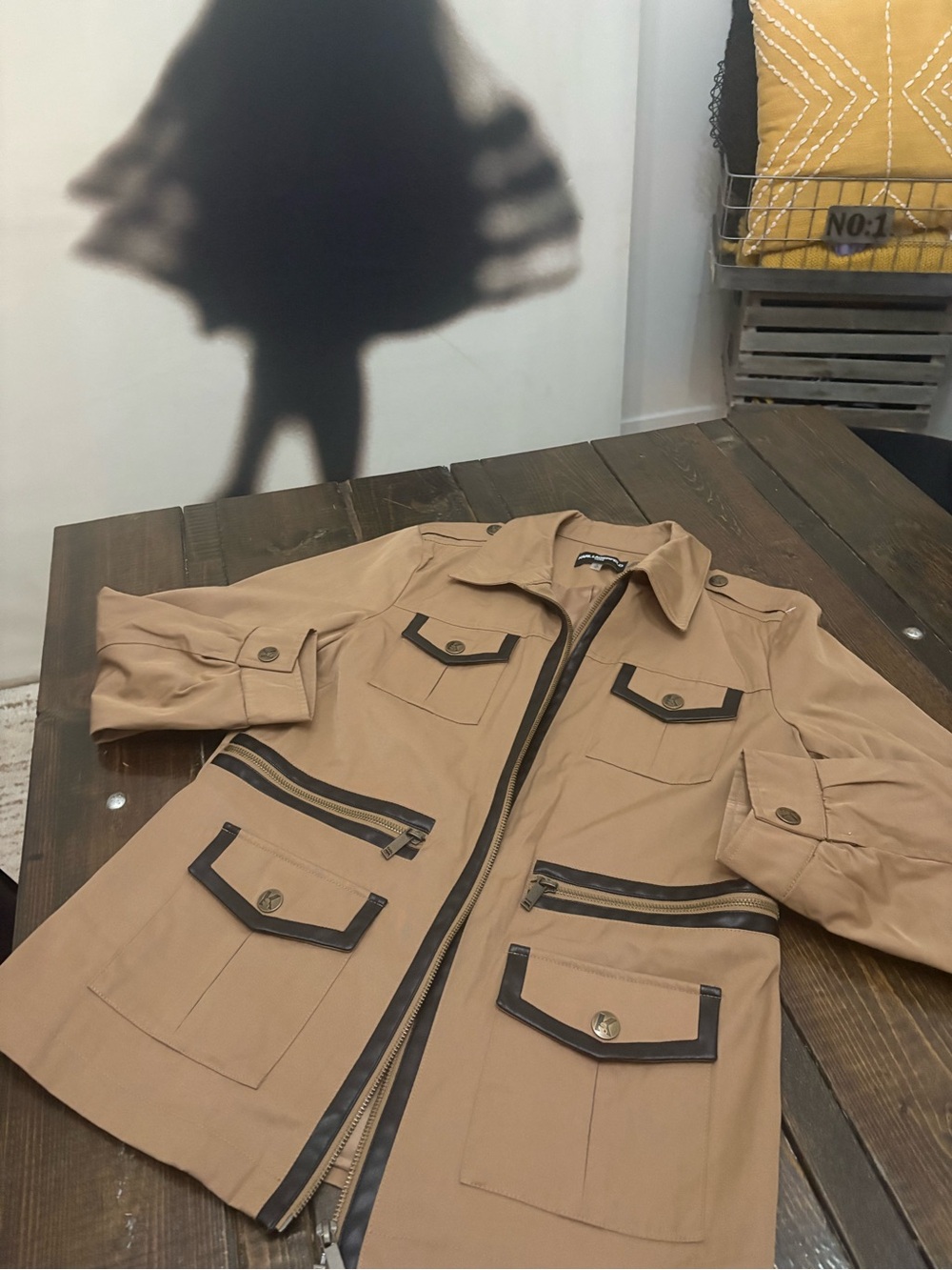 Karl Lagerfeld Classic Tan Utility Jacket with Black Trim